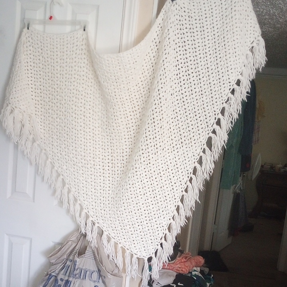 Hand Crochet Off White Shawl with Fringe